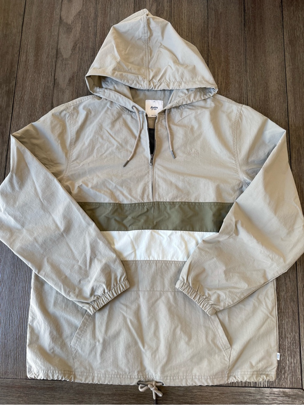 Katin - Men’s Light Gray Hooded Windbreaker Jacket with Olive & White Stripes